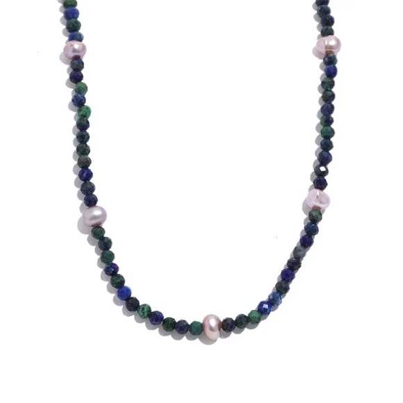 18K Gold Plated Lapis Necklace*Pink Pearl*Lapis Lazuli*Gemstone Necklace - Picture 1 of 8